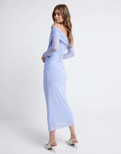 Синее сетчатое платье миди River Island Bardot - светлое