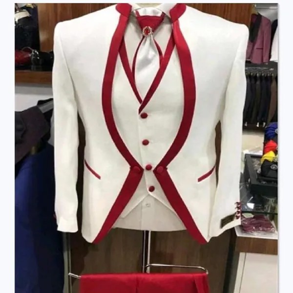 Мужской комплект сценической одежды VEIAI, белый и красный костюм, свадебные костюмы, смокинг для жениха, Официальный (пиджак + брюки + жилет)