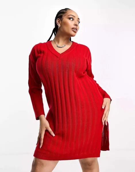 Красное платье-джемпер миди в рубчик с v-образным вырезом Brave Soul Martha