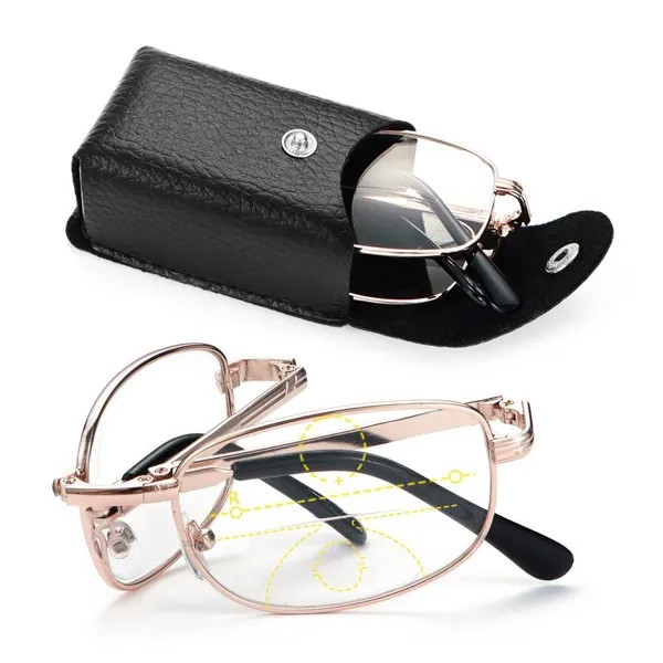Прогрессивные мультифокальные линзы Металлические очки для чтения включают очки Чехол Presbyopia Очки