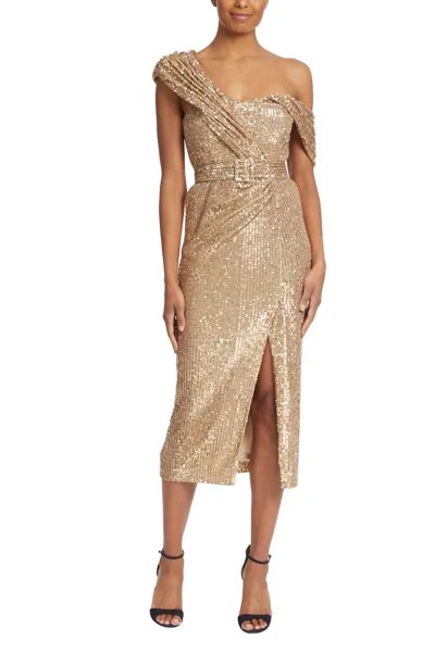 Асимметричное платье-бюстье с пайетками Badgley Mischka, золото