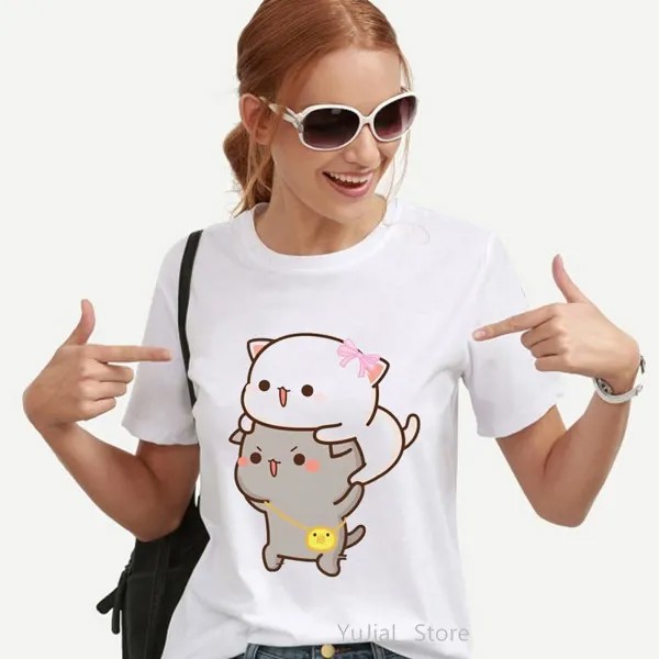 Kawaii Женская одежда Персик и Гома Моти Кот Мультфильм Принт Футболка Фемме Корейский Стиль Одежда Харадзюку Футболка Топы