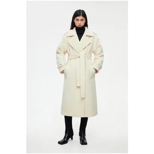 Пальто SHI-SHI, искусственный мех, удлиненное, силуэт прямой, пояс/ремень, размер 46, белый, бежевый
