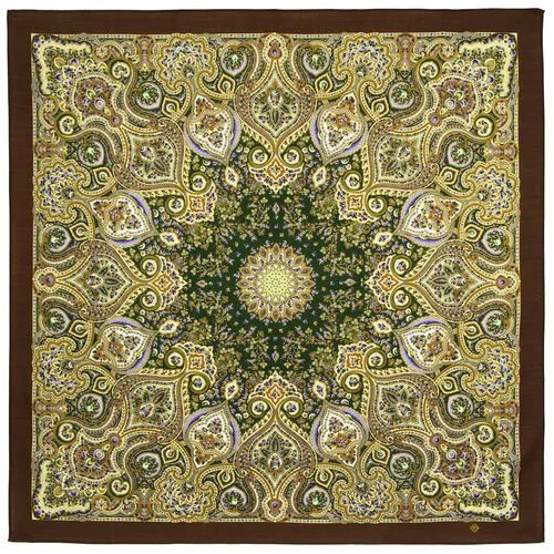 Платок Павловопосадская платочная мануфактура,125х125 см, зеленый, коричневый
