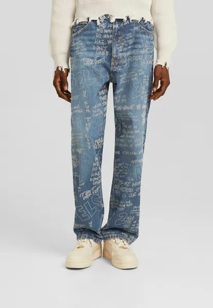 Джинсы прямого кроя BAGGY PRINTED 05435179 Bershka, цвет blue denim