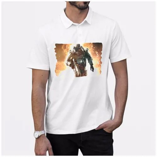 Рубашка -поло CoolPodarok fallout 3 Защитный костюм Огонь на фоне