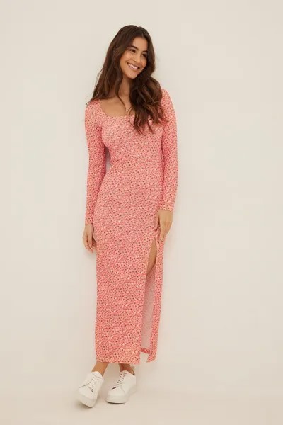 Платье-миди с высоким разрезом и цветочным принтом Кораллового цвета NA-KD, розовый