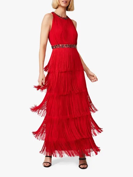 Phase Eight Albertina Dress Платье макси с открытой спиной и бахромой, алый