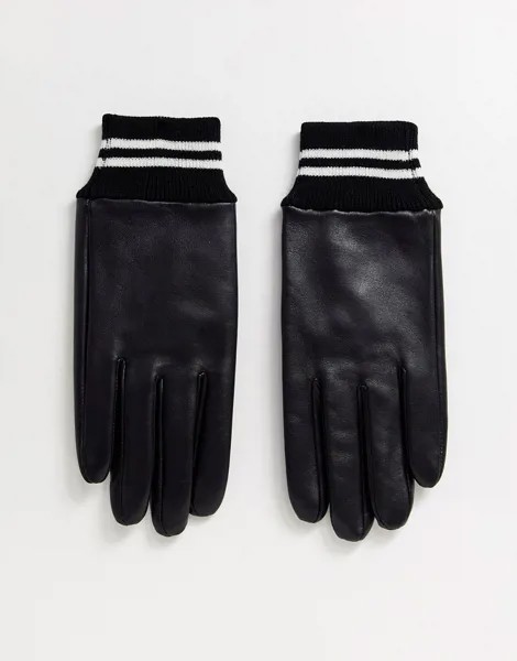 Черные кожаные перчатки с полосками на манжетах в рубчик ASOS DESIGN-Черный