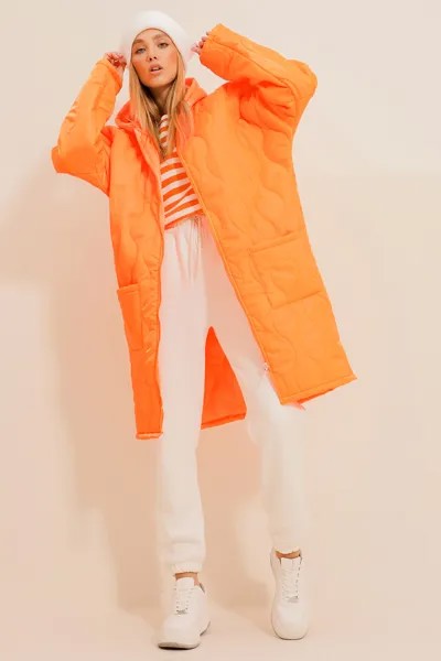 Женское оранжевое длинное пуховик с двойным карманом спереди и двойной молнией с капюшоном Trend Alaçatı Stili, оранжевый