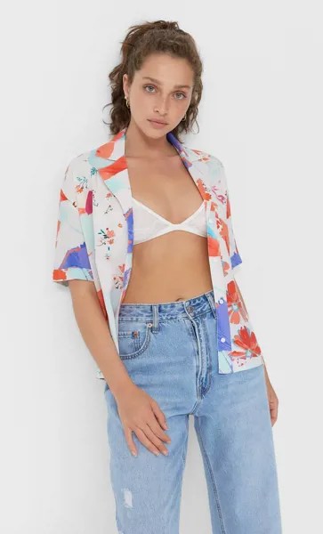 Stradivarius Рубашка Свободного Кроя С Короткими Рукавами Синий Xl