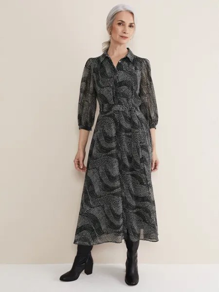 Шифоновое платье-рубашка миди Phase Eight Miriam Spot, черный/цвет слоновой кости