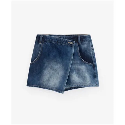 Юбка-шорты из джинсовой ткани с потертостями, заминами и асимметричной линией низа синяя Gulliver, цвет синий, размер 164, мод.12208GJC6001