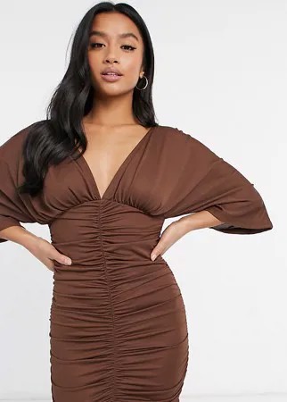 Платье мини шоколадного цвета с рукавами-кимоно и сборками ASOS DESIGN Petite-Коричневый цвет
