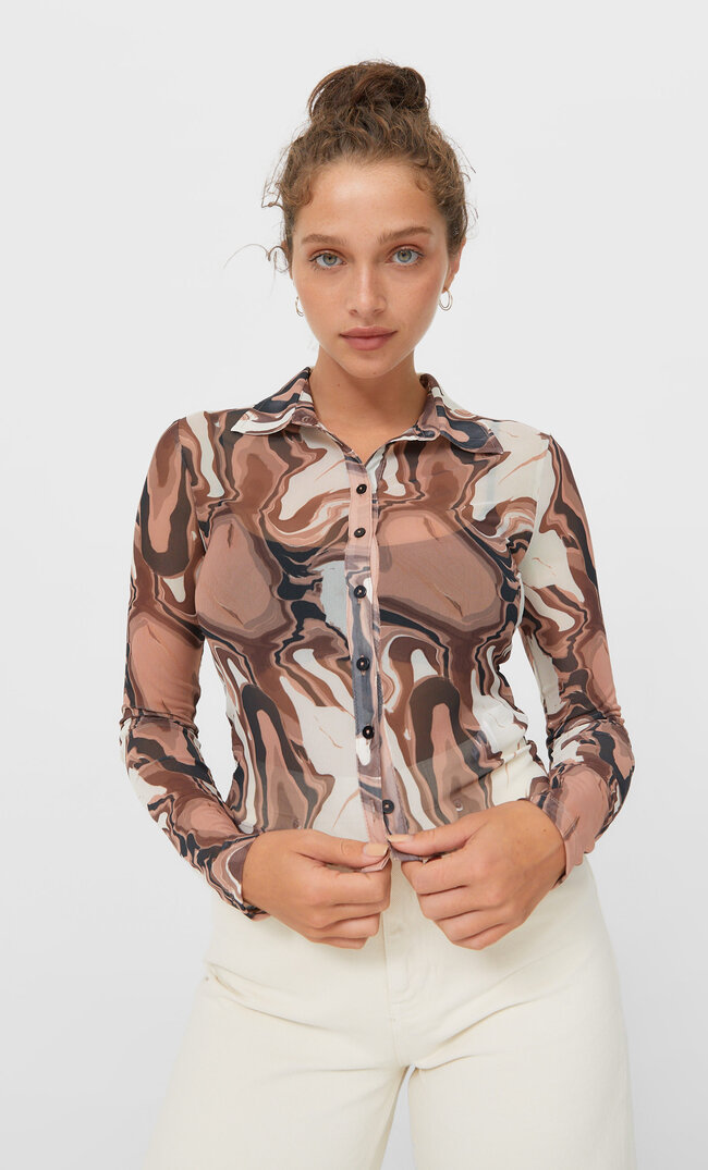 Stradivarius Рубашка Из Прозрачной Ткани Коричневый Xs