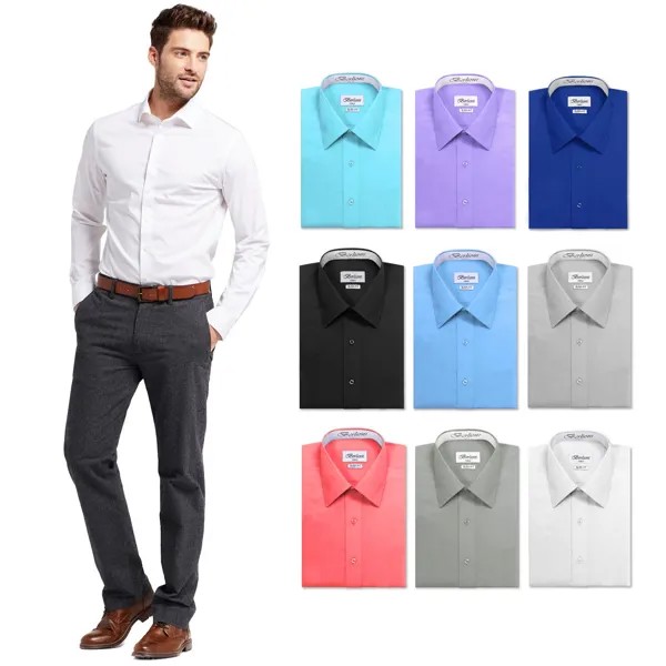 Мужская приталенная рубашка на пуговицах с манжетами, однотонная деловая классическая рубашка