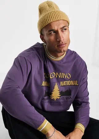 Фиолетовый oversized-лонгслив в стиле колор блок с принтом 