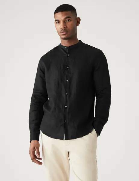 Рубашка из чистого льна с дедушкиным воротником Marks & Spencer, черный
