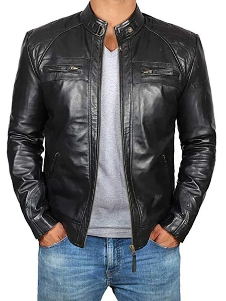 Milanoo Men Leather Jacket Casual Windbreaker Fall Black Cool Overcoat