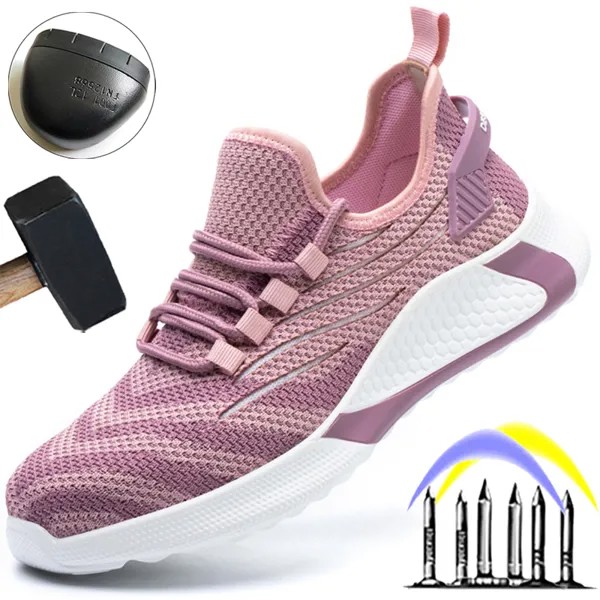 Новинка 2021, дышащая защитная обувь для работы, женская розовая рабочая обувь, кроссовки, мужская непробиваемая защитная обувь, легкая унисе...