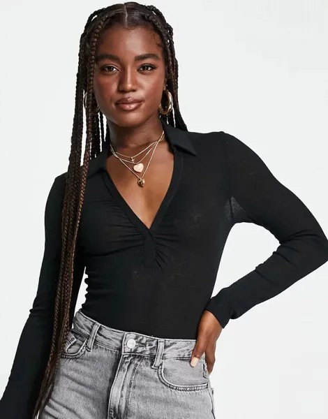Черное боди Miss Selfridge с воротником из структурированной сетки