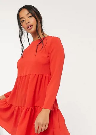 Красное свободное ярусное платье мини с длинными рукавами ASOS DESIGN Petite-Красный