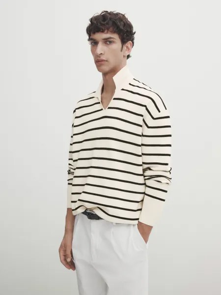 Трикотажный свитер поло комфорт в полоску Massimo Dutti, кремовый