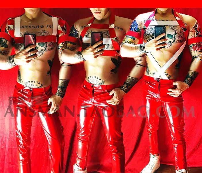 2018 оригинальный дизайн с заклепками красные и белые костюмы на эластичных ремешках сексуальные нагрудные ремешки для ночного клуба мужски...