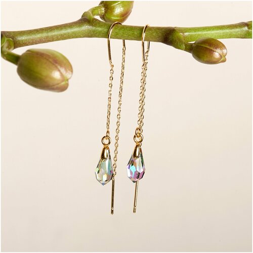 Серьги цепочки , кристаллы Swarovski, кристалл, серый, золотой