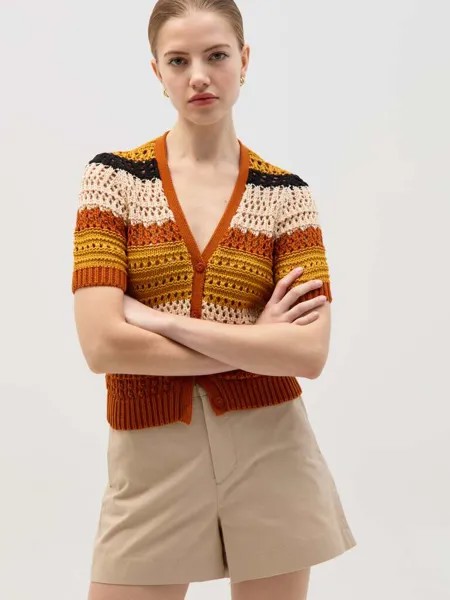 Кардиган связан крючком ажурной манишкой Ovs, цвет orange/black