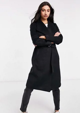 Черное пальто макси с заниженной линией плеч и поясом New Look Tall-Черный цвет