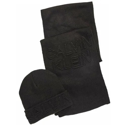 Сет Calvin Klein черные шапка и шарф с крупным вышитым лого на отвортое и шарфе Men's Hat Scarf Set Black Solid Beanie Ottoman