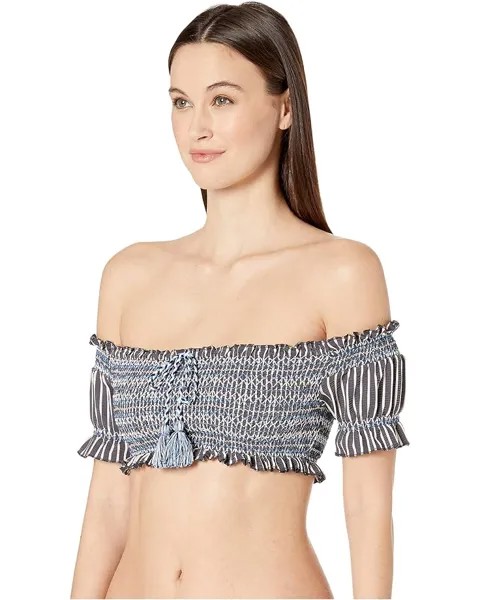 Топ бикини Jonathan Simkhai Striped Smocked Off Shoulder Puff Sleeves Bikini Top, цвет Midnight Stripe