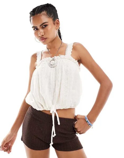 Топ в стиле бохо с кружевными краями Free People цвета слоновой кости