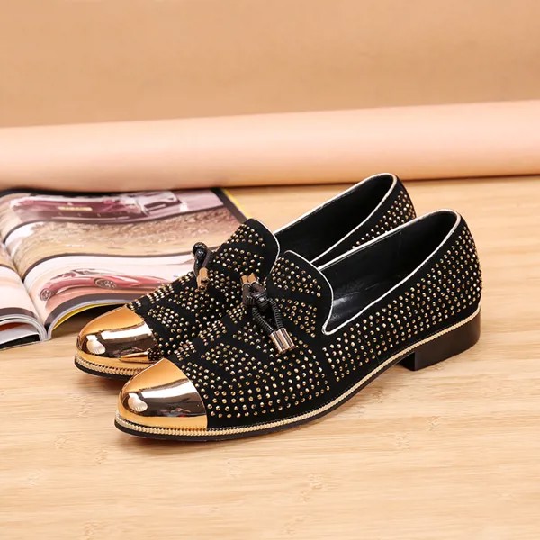 Zapatos De Hombre; роскошные золотистые блестящие брендовые лоферы из натуральной кожи с кристаллами; итальянские классические броги с кисточками;...
