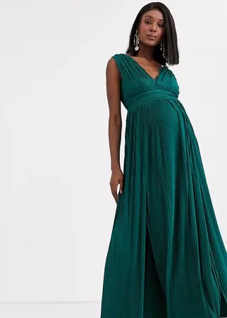 Зеленое плиссированное платье макси с кружевной отделкой ASOS DESIGN Maternity Premium-Зеленый