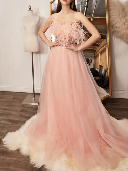 Женское вечернее платье, элегантное платье с перьями, блестками и пэчворком, платье абрикосового цвета для вечеринки