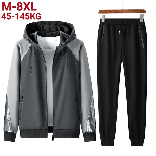 Мужские спортивные костюмы размера плюс 8xl 7xl, Весенняя толстовка, повседневная мужская одежда, куртка с капюшоном и брюки, комплект из 2 предметов, осенняя Спортивная одежда для мужчин