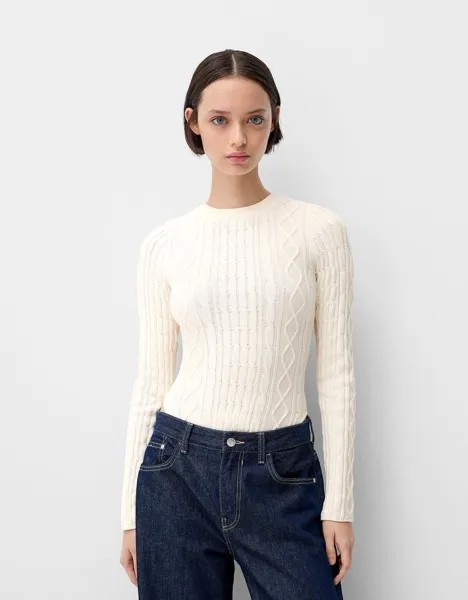 Боди с длинными рукавами и косичной вязкой Bershka, бежевый