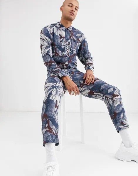 Свободный комбинезон в стиле милитари с цветочным принтом ASOS DESIGN-Синий