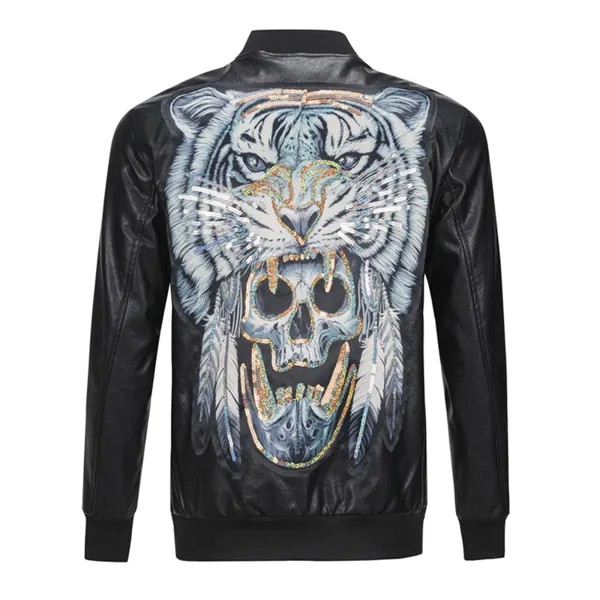 Мужская куртка из искусственной кожи 2023, индийский череп, голова тигра, украшение, модное мотоциклетное пальто, топовый бренд, зимняя улична...