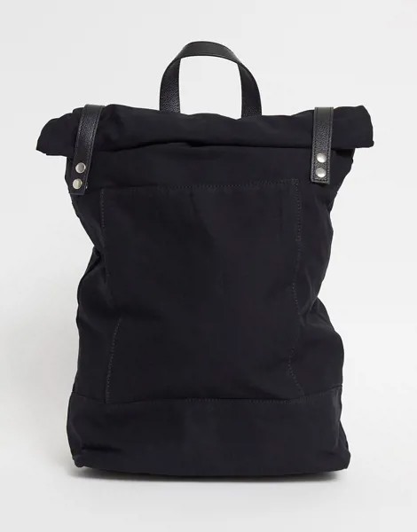 Черный парусиновый рюкзак с подворачивающимся верхом и кожаной отделкой ASOS DESIGN-Черный цвет