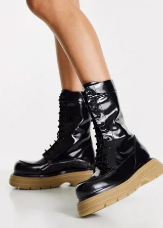 Черные кожаные ботинки на массивной подошве со шнуровкой ASOS DESIGN Alicia-Черный цвет
