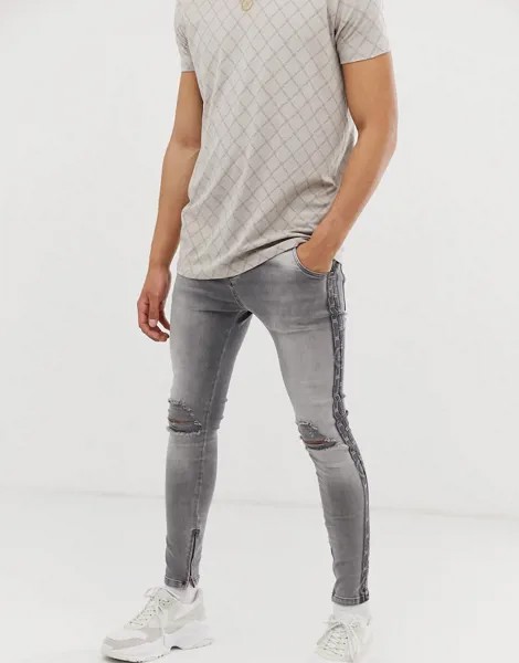 Супероблегающие джинсы с логотипом и монограммами сбоку SikSilk-Серый