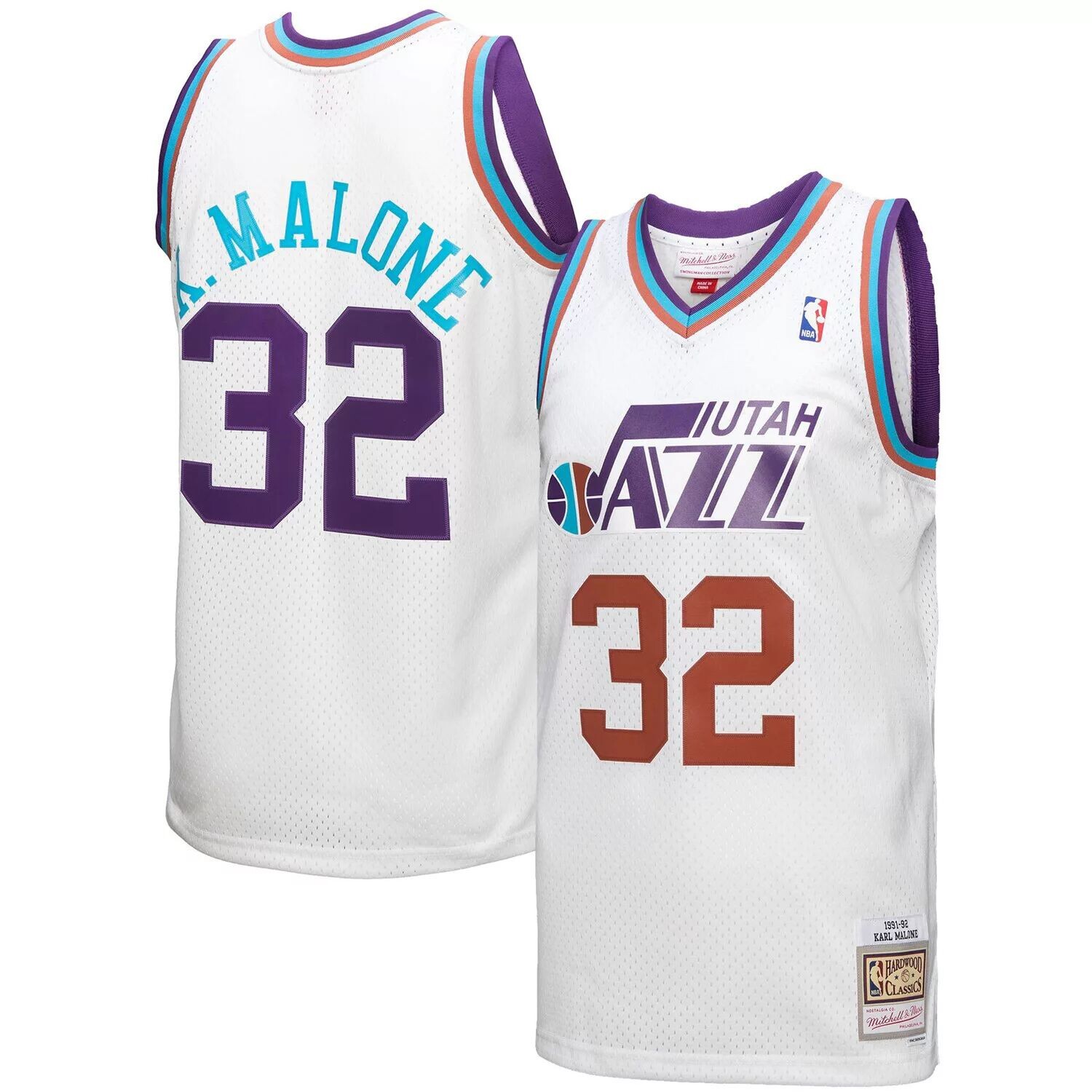 Мужская майка Mitchell & Ness Karl Malone White Utah Jazz 1991-92 Hardwood Classics Reload 3.0 Swingman