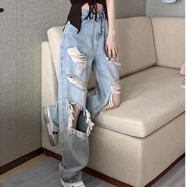 Корейская версия Fashionstyle Прямая нога Большая дыра Рваные джинсовые брюки Женские летние свободные нищие Тренд Широкие ноги Проблемные джинсы