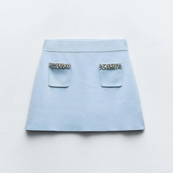 Юбка-мини Zara Plain Knit With Rhinestone Appliques, голубой