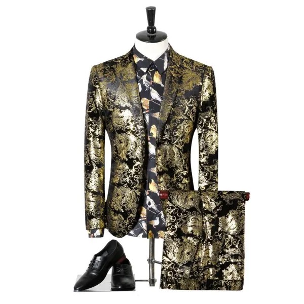 (Куртка + брюки) высококачественные Брендовые мужские модные деловые костюмы для отдыха Блейзер 2 шт. роскошные золотые комплекты