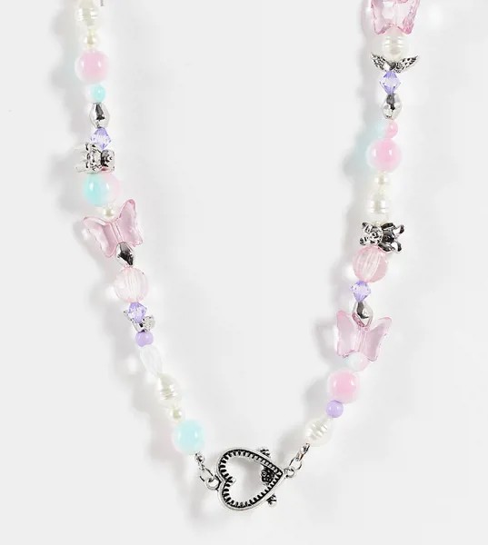 Серебристое ожерелье с бусинами, подвесками и застежкой в виде сердца с планкой ASOS DESIGN-Разноцветный