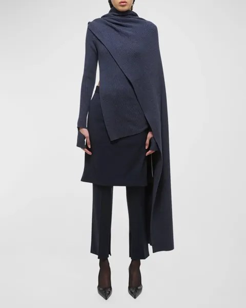 Шерстяной топ в рубчик с драпировкой Helmut Lang, цвет Navy Mlnge